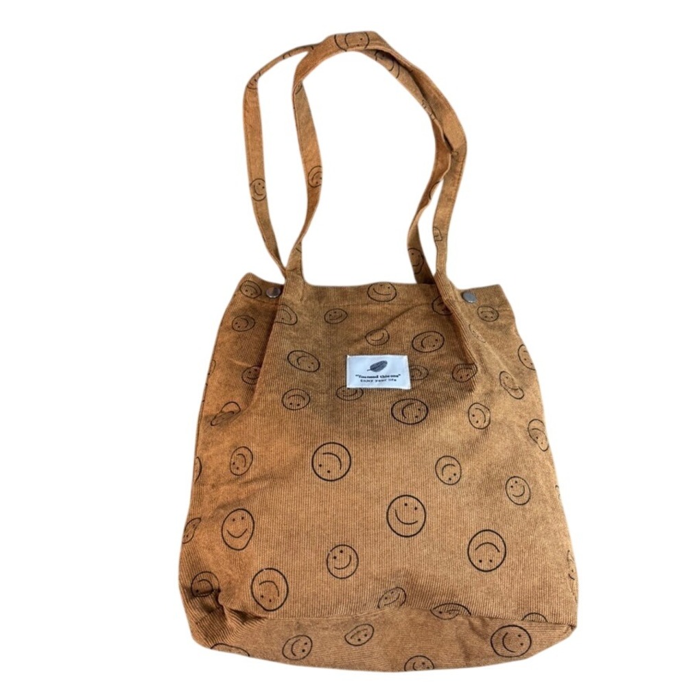 Tan Corduroy Smiley Face Tote Bag Casual Shoulder Bag with Magnetic Snap Closure